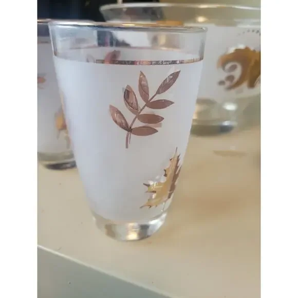Libbey Gold Leaf Chip Bowl Vintage Serving Punch Frosted Glass Gold with 4 glass - Picture 2 of 12